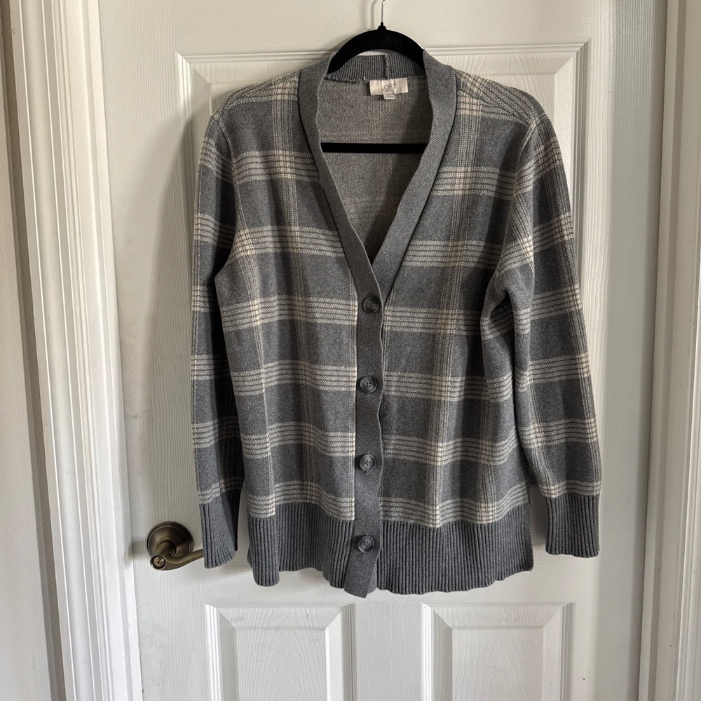 Loft Gray Plaid Cotton Button Front Cardigan Sweater